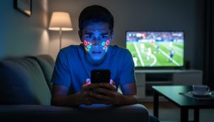 Young adult on a sofa at night with face illuminated by a smartphone, tense expression, colorful casino-like reflections on the screen, and a blurred sports match glow in the background under low-key, moody lighting.