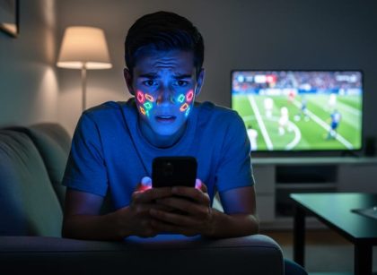 Young adult on a sofa at night with face illuminated by a smartphone, tense expression, colorful casino-like reflections on the screen, and a blurred sports match glow in the background under low-key, moody lighting.