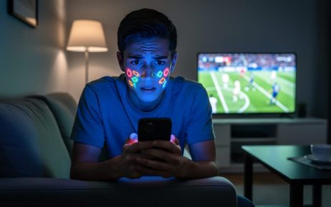 Young adult on a sofa at night with face illuminated by a smartphone, tense expression, colorful casino-like reflections on the screen, and a blurred sports match glow in the background under low-key, moody lighting.