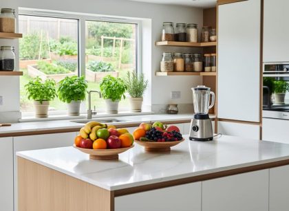 Eye-level wide shot of a modern UK kitchen with fruit bowls on a quartz island, glass jars of grains and legumes on open shelves, potted herbs on the windowsill, and a sleek blender and steam oven; a small edible garden is visible outside the window.