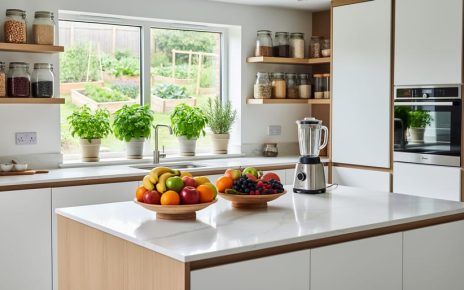 Eye-level wide shot of a modern UK kitchen with fruit bowls on a quartz island, glass jars of grains and legumes on open shelves, potted herbs on the windowsill, and a sleek blender and steam oven; a small edible garden is visible outside the window.