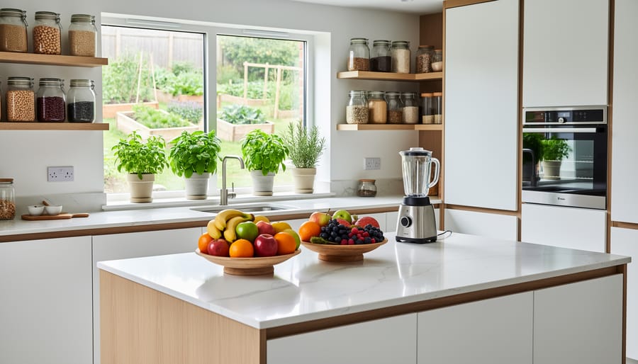 Eye-level wide shot of a modern UK kitchen with fruit bowls on a quartz island, glass jars of grains and legumes on open shelves, potted herbs on the windowsill, and a sleek blender and steam oven; a small edible garden is visible outside the window.