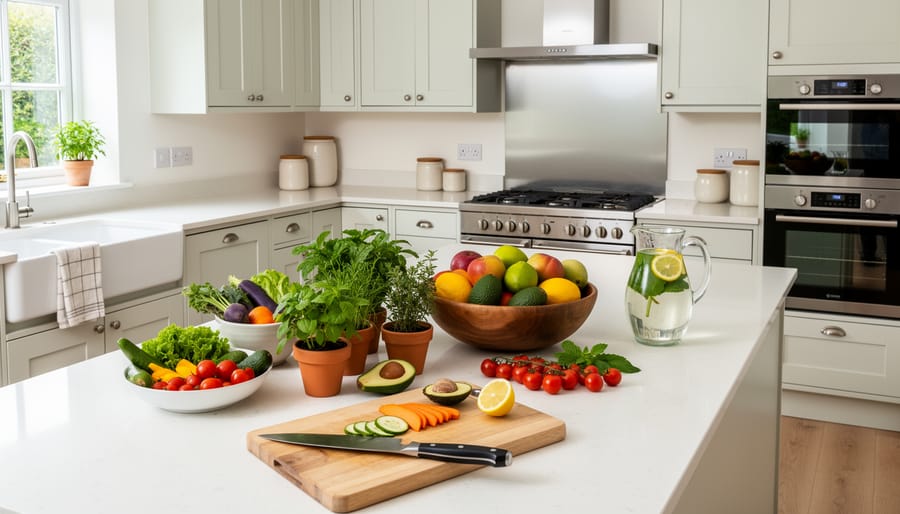Bright modern kitchen countertop with fresh vegetables and herbs displayed in natural lighting