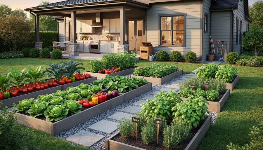Overhead view of raised bed vegetable garden with fresh herbs and greens in UK backyard